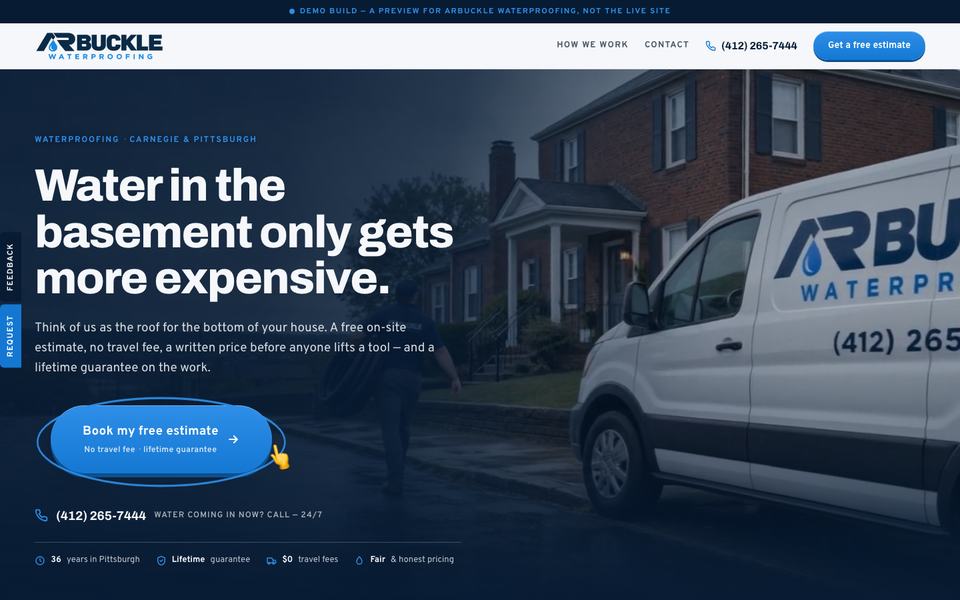 Arbuckle Waterproofing home page: a branded van in front of a brick house, with a Book my free estimate button