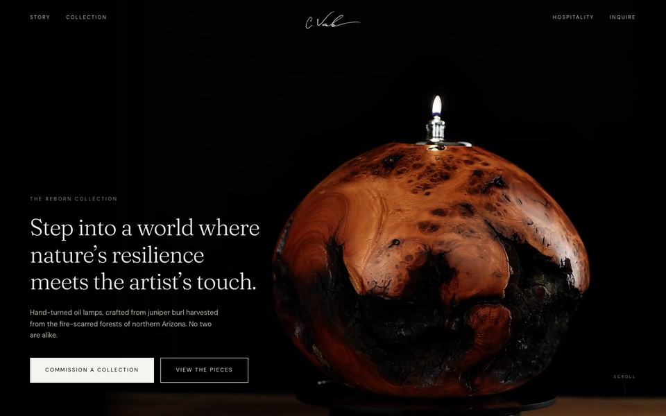 C. Varker home page: a lit juniper-burl oil lamp on black
