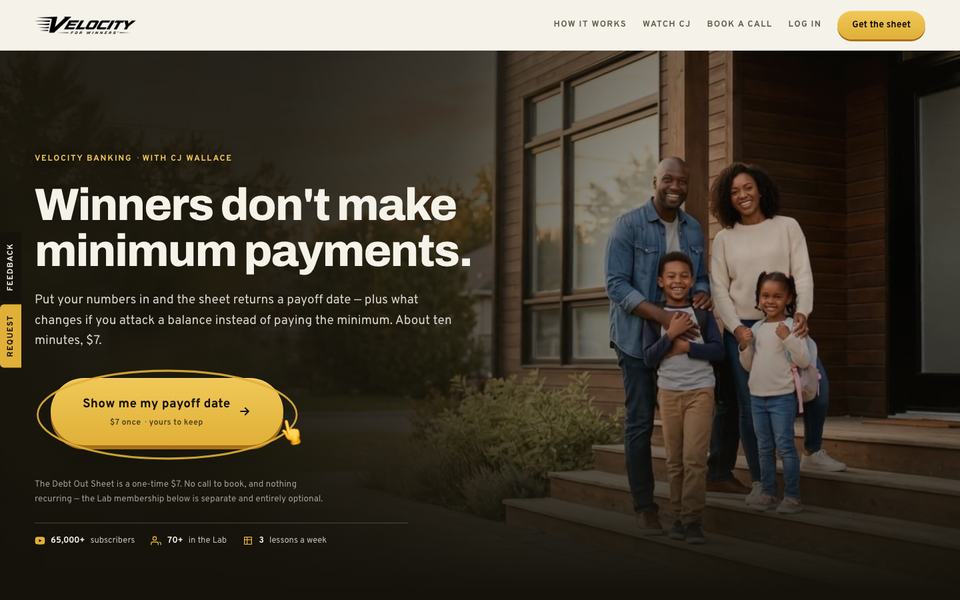Velocity For Winners home page: Winners don't make minimum payments, with a Show me my payoff date button