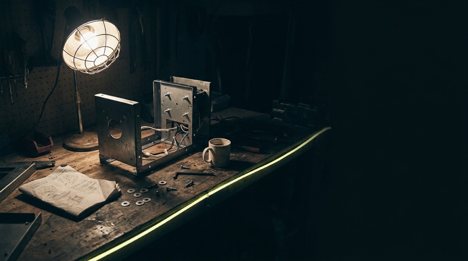 A half-assembled metal machine on a dark garage workbench under a work lamp, loose screws and an instruction sheet scattered around a cold mug of coffee.