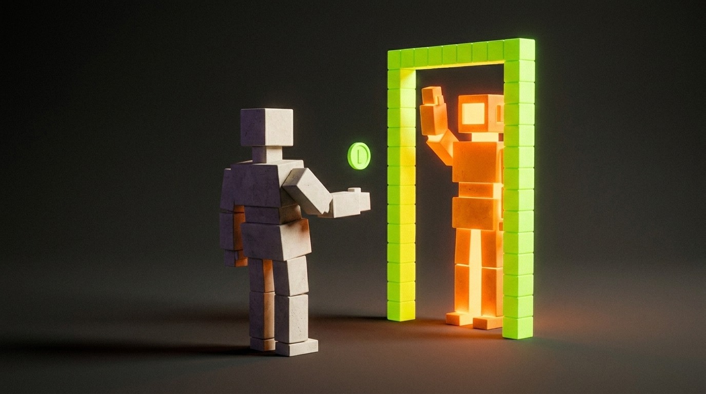 A stone figure meeting the glowing orange future version of itself