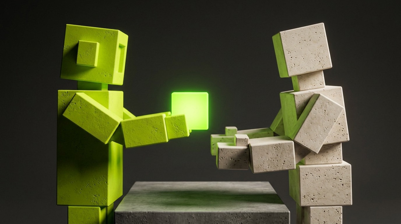 A green robot handing the finished glowing machine to its owner