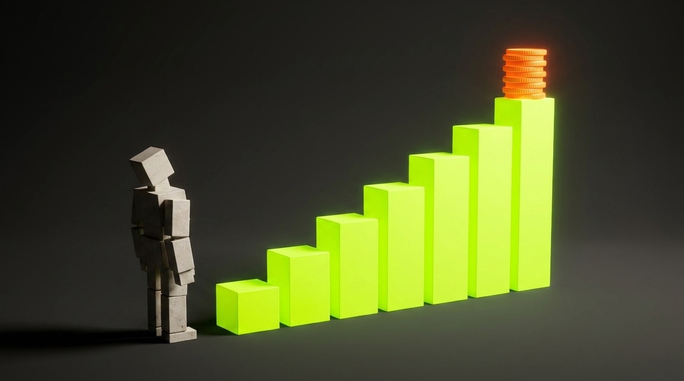 A rising staircase of glowing green blocks topped with orange coins