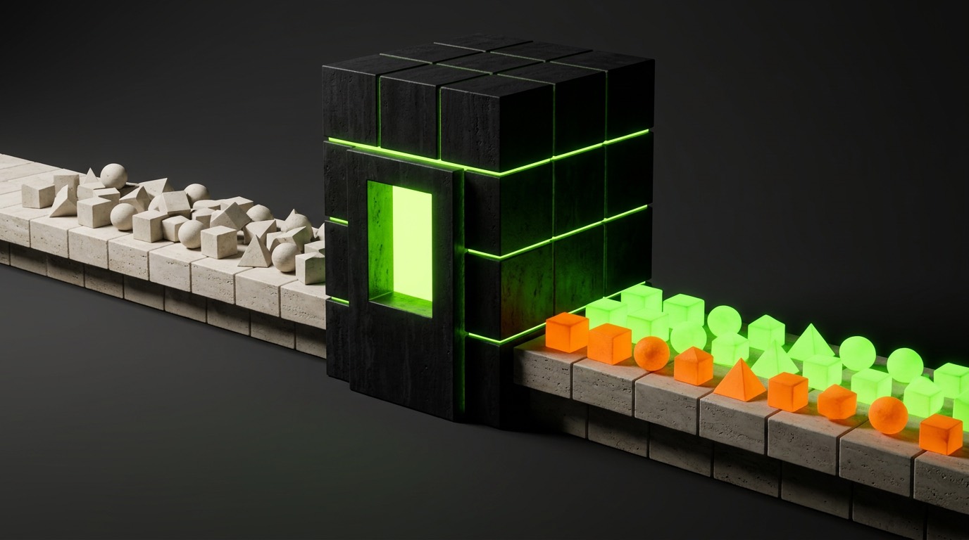 A black machine turning a jumble of stone shapes into sorted glowing rows