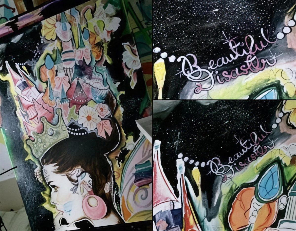 Painting titled Beautiful Disaster, a woman in a pink crown with Hello Kitty details