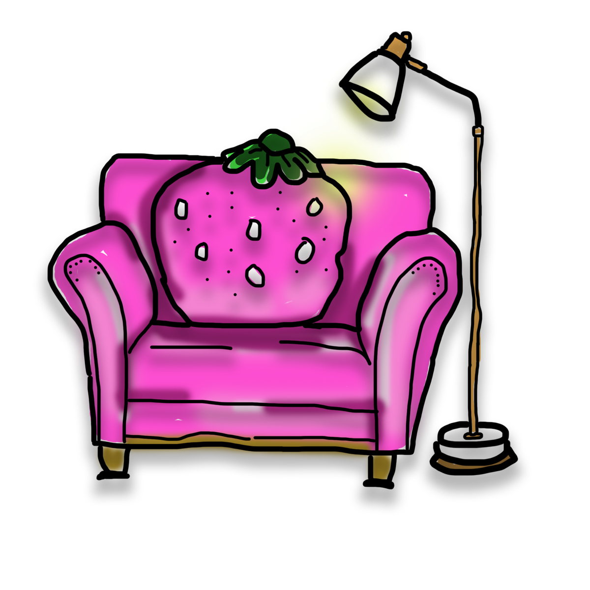 Illustration of a hot-pink strawberry armchair with a lamp