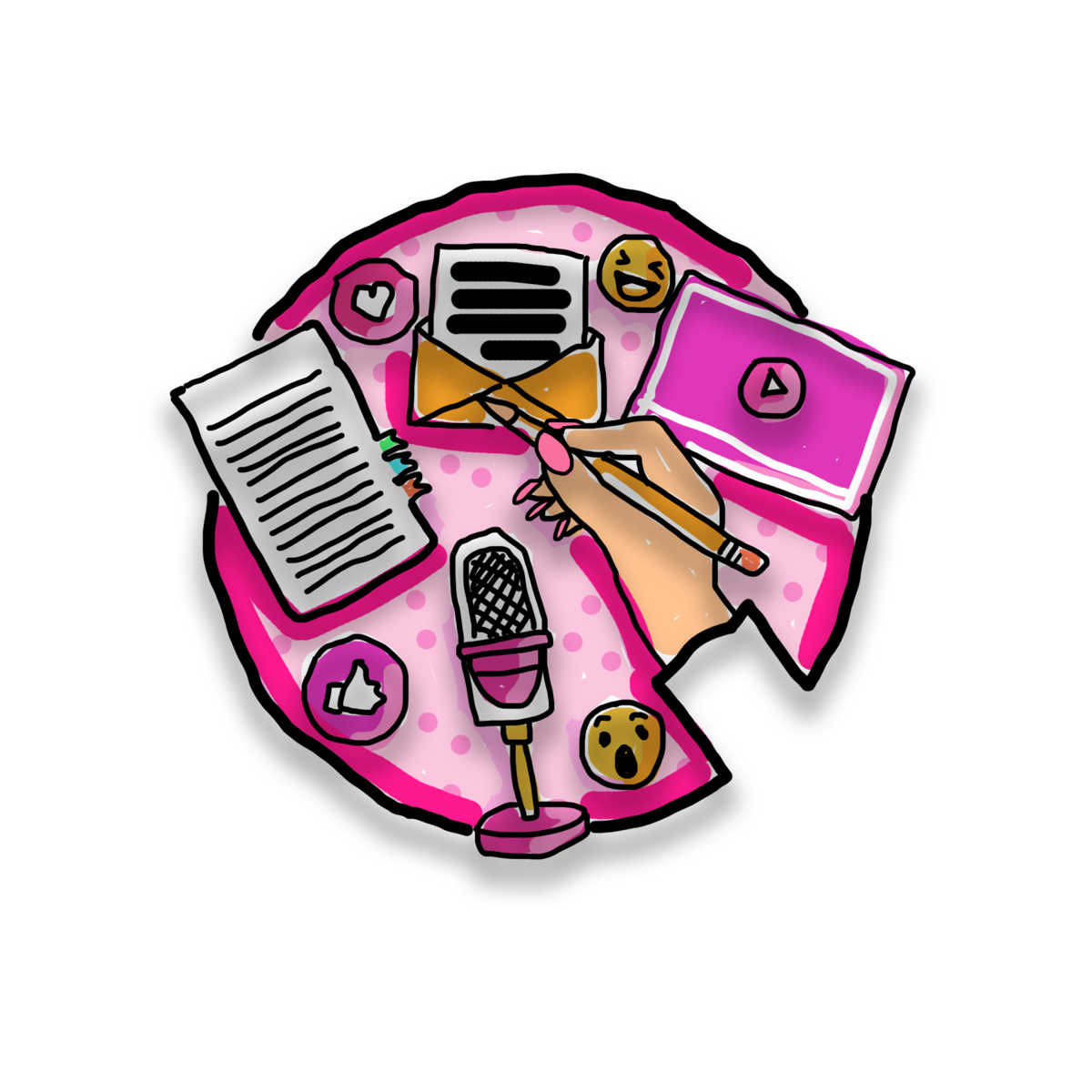 Round pink illustration of a creator's desk with a laptop, mic and camera