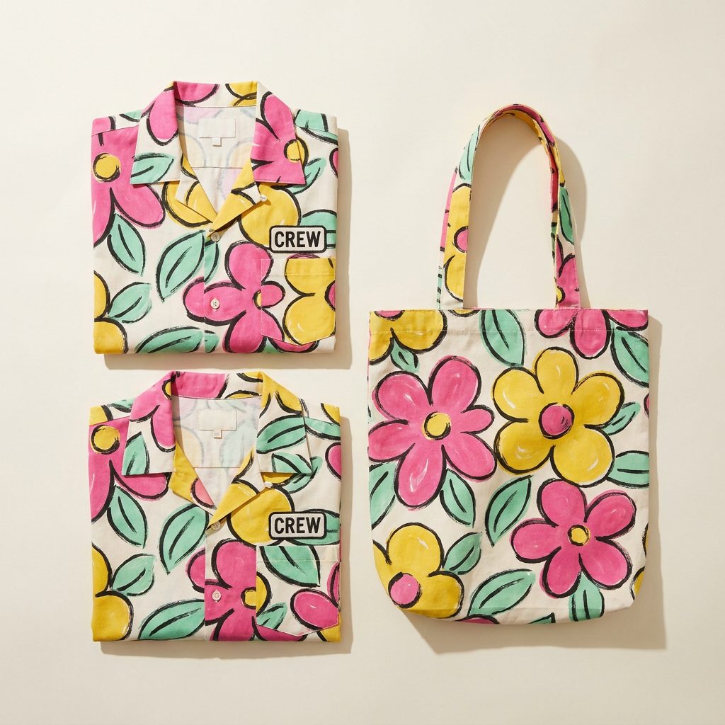 Concept: matching floral crew shirts and a tote bag