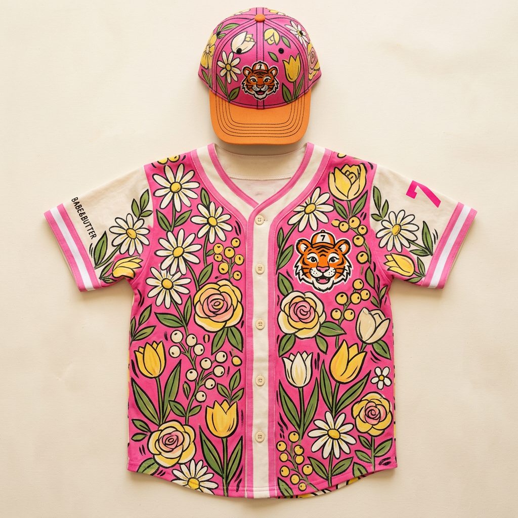 Concept: youth baseball jersey and cap covered in hand-painted florals with a tiger mascot