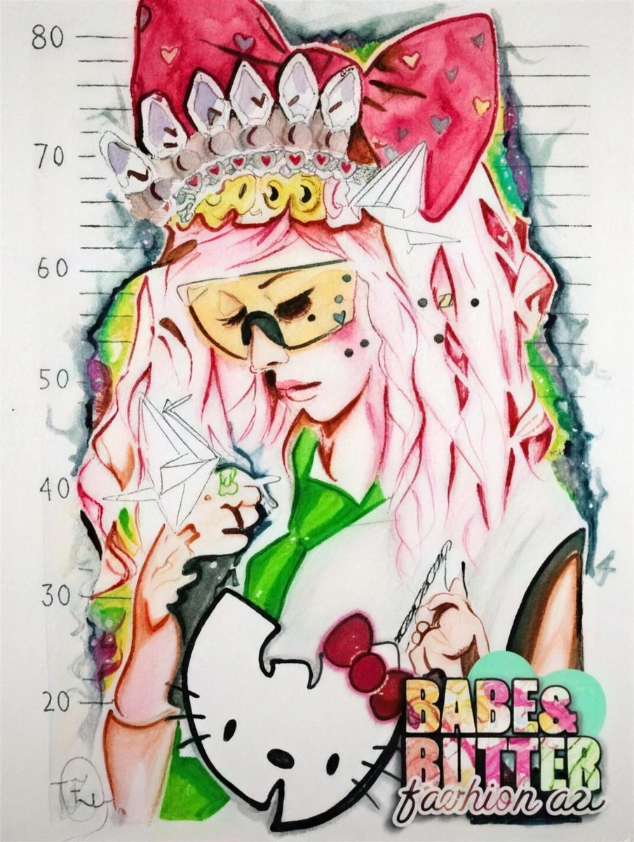 Painting titled Roxy, a woman with pink hair