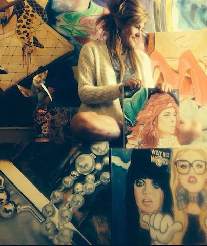 Collage of Tanina in the studio with early paintings